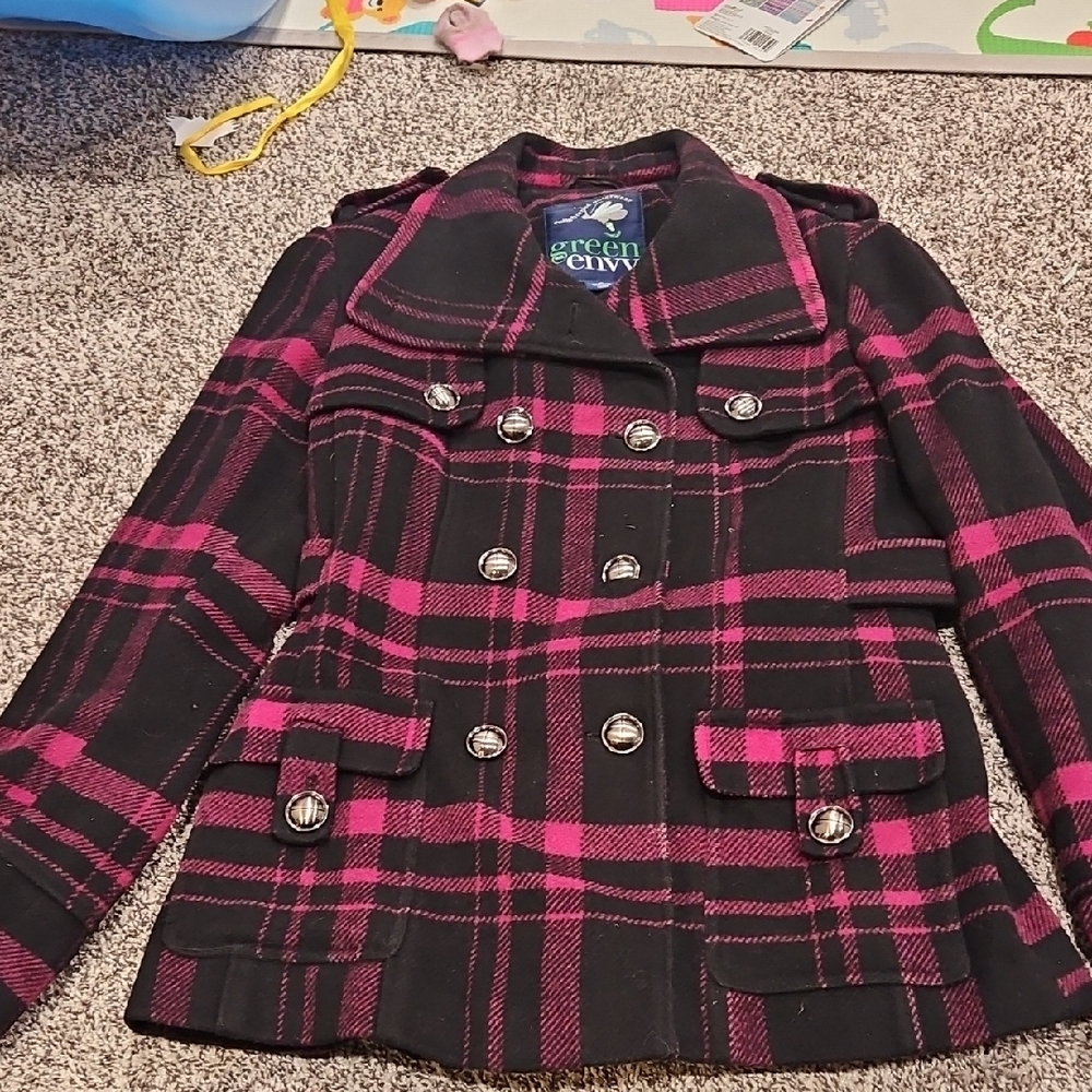 Women's Dark Pink and Black Plaid Peacoat Green With Envy Size M